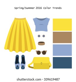 Set of  trendy women's clothes. Outfit of woman skirt, blouse and accessories. Spring/color trends palette. Vector illustration