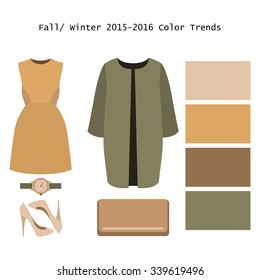 Set of  trendy women's clothes. Outfit of woman coat, dress and accessories. Full/winter color trends palette. Vector illustration