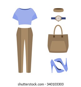 Set of  trendy women's clothes. Outfit of woman panties, blouse and accessories. Women's wardrobe. Vector illustration