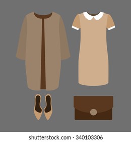 Set of  trendy women's clothes. Outfit of woman coat, dress and accessories. Women's wardrobe. Vector illustration