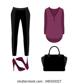 Set of  trendy women's clothes. Outfit of woman panties, blouse and accessories. Women's wardrobe. Vector illustration