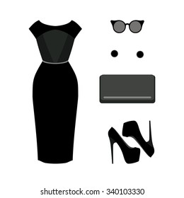 Set of  trendy women's clothes. Outfit of black woman dress with accessories. Women's wardrobe. Vector illustration