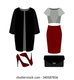 Set of  trendy women's clothes. Outfit of woman coat, skirt, blouse and accessories. Women's wardrobe. Vector illustration