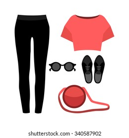 Set of  trendy women's clothes. Outfit of woman panties, top and accessories. Women's wardrobe. Vector illustration
