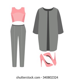 Set of  trendy women's clothes. Outfit of woman coat, panties, top and accessories. Women's wardrobe. Vector illustration