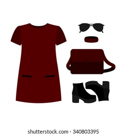 Set of  trendy women's clothes. Outfit of red woman dress with accessories. Women's wardrobe. Vector illustration