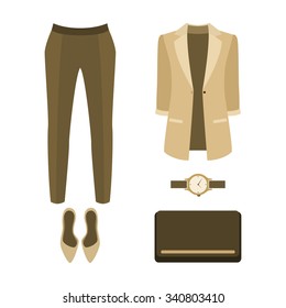 Set of  trendy women's clothes. Outfit of woman panties, top and accessories. Women's wardrobe. Vector illustration
