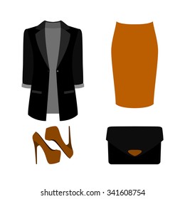 Set of  trendy women's clothes. Outfit of woman skirt, jacket and accessories. Women's wardrobe. Vector illustration