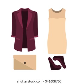 Set of  trendy women's clothes. Outfit of woman dress, jacket and accessories. Women's wardrobe. Vector illustration