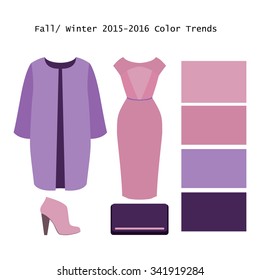 Set of  trendy women's clothes. Outfit of woman coat, dress and accessories. Full/winter color trends palette. Vector illustration