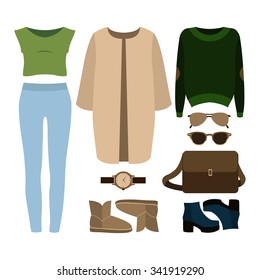 Set of  trendy women's clothes. Outfit of woman coat, jeans, top, pullover and accessories. Women's wardrobe. Vector illustration