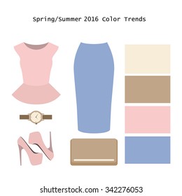 Set of  trendy women's clothes. Outfit of woman peplum top, skirt and accessories. Spring/summer color trends palette. Vector illustration