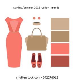 Set of  trendy women's clothes. Outfit of woman dress and accessories. Spring/summer color trends palette. Vector illustration