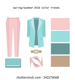 Set of  trendy women's clothes. Outfit of woman panties, jacket and accessories. Spring/summer color trends palette. Vector illustration