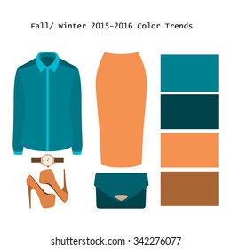 Set of  trendy women's clothes. Outfit of woman skirt, blouse and accessories. Full/winter color trends palette. Vector illustration