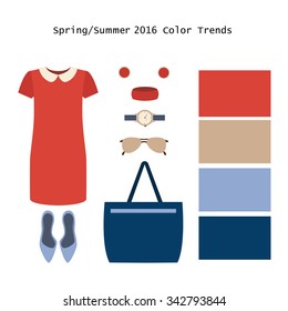 Set of  trendy women's clothes. Outfit of woman dress and accessories. Spring/summer color trends palette. Vector illustration