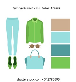 Set of  trendy women's clothes. Outfit of woman panties, blouse and accessories. Spring/summer color trends palette. Vector illustration