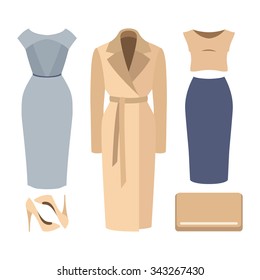 Set of  trendy women's clothes. Outfit of woman coat, dress, skirt, blouse and accessories. Women's wardrobe. Vector illustration