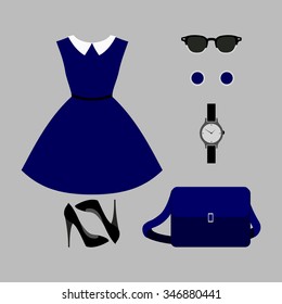 Set of trendy women's clothes. Outfit of woman dress and accessories. Women's wardrobe. Vector illustration