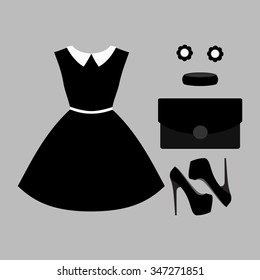 Set of trendy women's clothes. Outfit of woman dress and accessories. Women's wardrobe. Vector illustration