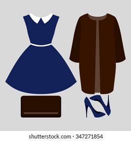 Set of trendy women's clothes. Outfit of woman coat, dress and accessories. Women's wardrobe. Vector illustration