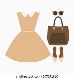 Set of trendy women's clothes. Outfit of woman dress and accessories. Women's wardrobe. Vector illustration