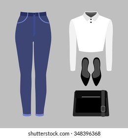 Set of trendy women's clothes. Outfit of woman jeans, blouse and accessories. Women's wardrobe. Vector illustration