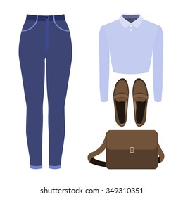 Set of trendy women's clothes. Outfit of woman jeans, blouse and accessories. Women's wardrobe. Vector illustration