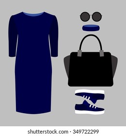 Set of trendy women's clothes. Outfit of woman dress and accessories. Women's wardrobe. Vector illustration