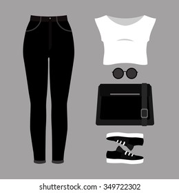 Set of trendy women's clothes. Outfit of woman jeans, t-shirt and accessories. Women's wardrobe. Vector illustration