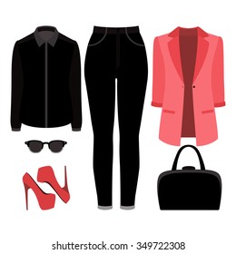 Set of trendy women's clothes. Outfit of woman jeans, jacket, shirt and accessories. Women's wardrobe. Vector illustration