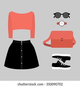Set of trendy women's clothes. Outfit of woman skirt, pullover and accessories. Women's wardrobe. Vector illustration