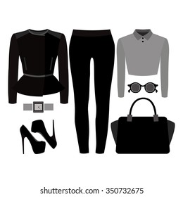 Set of trendy women's clothes. Outfit of woman jeans, rocker jacket, shirt and accessories. Women's wardrobe. Vector illustration