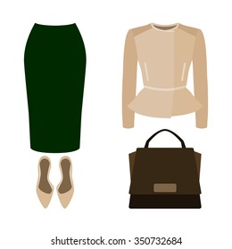 Set of trendy women's clothes. Outfit of woman skirt, rocker jacket and accessories. Women's wardrobe. Vector illustration
