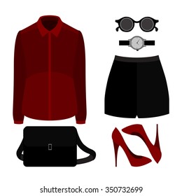 Set of trendy women's clothes. Outfit of woman shorts, shirt and accessories. Women's wardrobe. Vector illustration