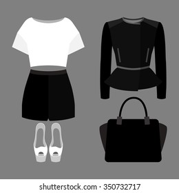 Set of trendy women's clothes. Outfit of woman shorts, rocker jacket, blouse and accessories. Women's wardrobe. Vector illustration