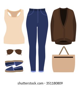 Set of trendy women's clothes. Outfit of woman jeans, cardigan, tank top and accessories. Women's wardrobe. Vector illustration