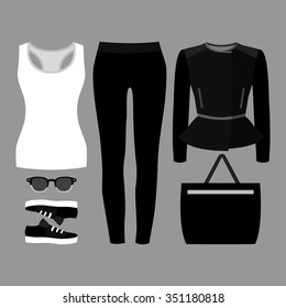 Set of trendy women's clothes. Outfit of woman jeans, jacket, tank top and accessories. Women's wardrobe. Vector illustration