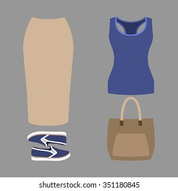 Set of trendy women's clothes. Outfit of woman skirt, tank top and accessories. Women's wardrobe. Vector illustration