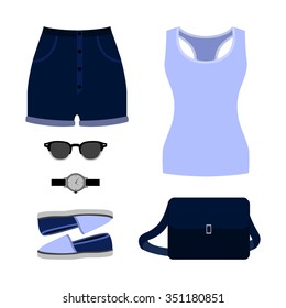 Set of trendy women's clothes. Outfit of woman shorts, tank top and accessories. Women's wardrobe. Vector illustration