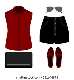 Set of trendy women's clothes. Outfit of woman shorts, shirt and accessories. Women's wardrobe. Vector illustration