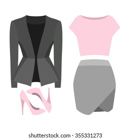 Set of trendy women's clothes. Outfit of woman skirt, jacket, top and accessories. Women's wardrobe. Vector illustration