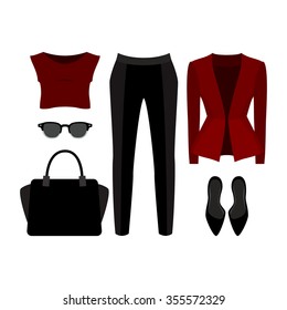 Set of trendy women's clothes. Outfit of woman panties, jacket, blouse and accessories. Women's wardrobe. Vector illustration