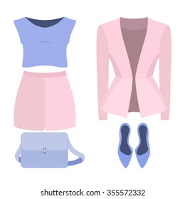 Set of trendy women's clothes. Outfit of woman shorts, jacket, blouse and accessories. Women's wardrobe. Vector illustration