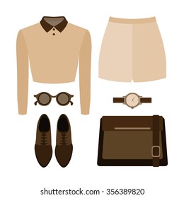 Set of trendy women's clothes. Outfit of woman shorts, top and accessories. Women's wardrobe. Vector illustration
