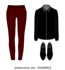 Set of trendy women's clothes. Outfit of woman panties, shirt and accessories. Women's wardrobe. Vector illustration