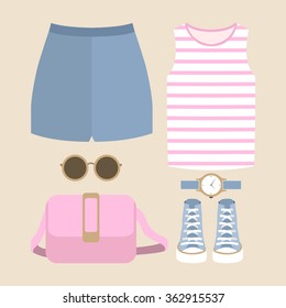 Set of trendy women's clothes. Outfit of woman shorts, t-shirt and accessories. Women's wardrobe. Vector illustration