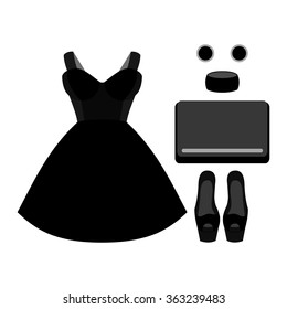 Set of trendy women's clothes. Outfit of woman dress and accessories. Women's wardrobe. Vector illustration