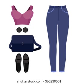 Set of trendy women's clothes. Outfit of woman jeans, bustiers top and accessories. Women's wardrobe. Vector illustration