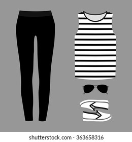 Set of trendy women's clothes. Outfit of woman panties, t-shirt and accessories. Women's wardrobe. Vector illustration